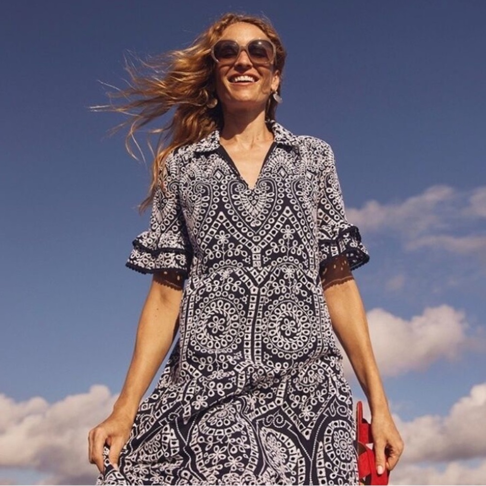 New Chico’s Tiered Eyelet White and Blue Maxi Dress